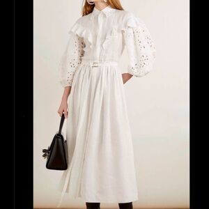 Belted Ruffled Broderie Anglaise Linen
Maxi Dress - White